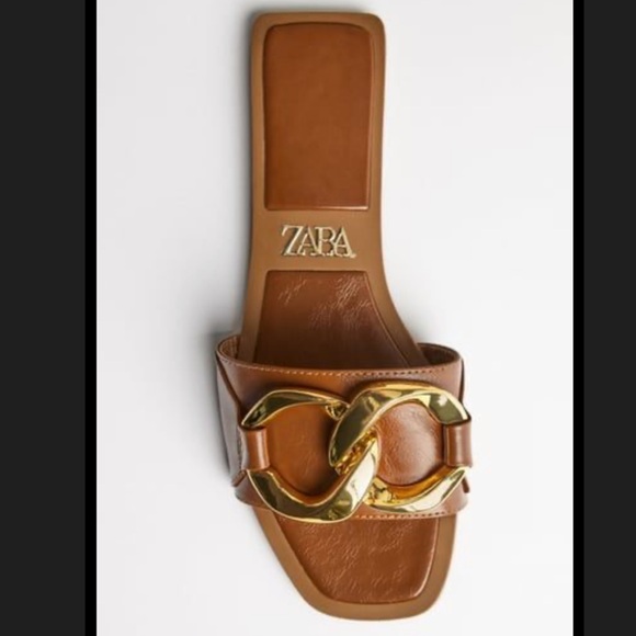 ZARA Brown Slides with Gold Chain Detail 40 - Picture 2 of 12